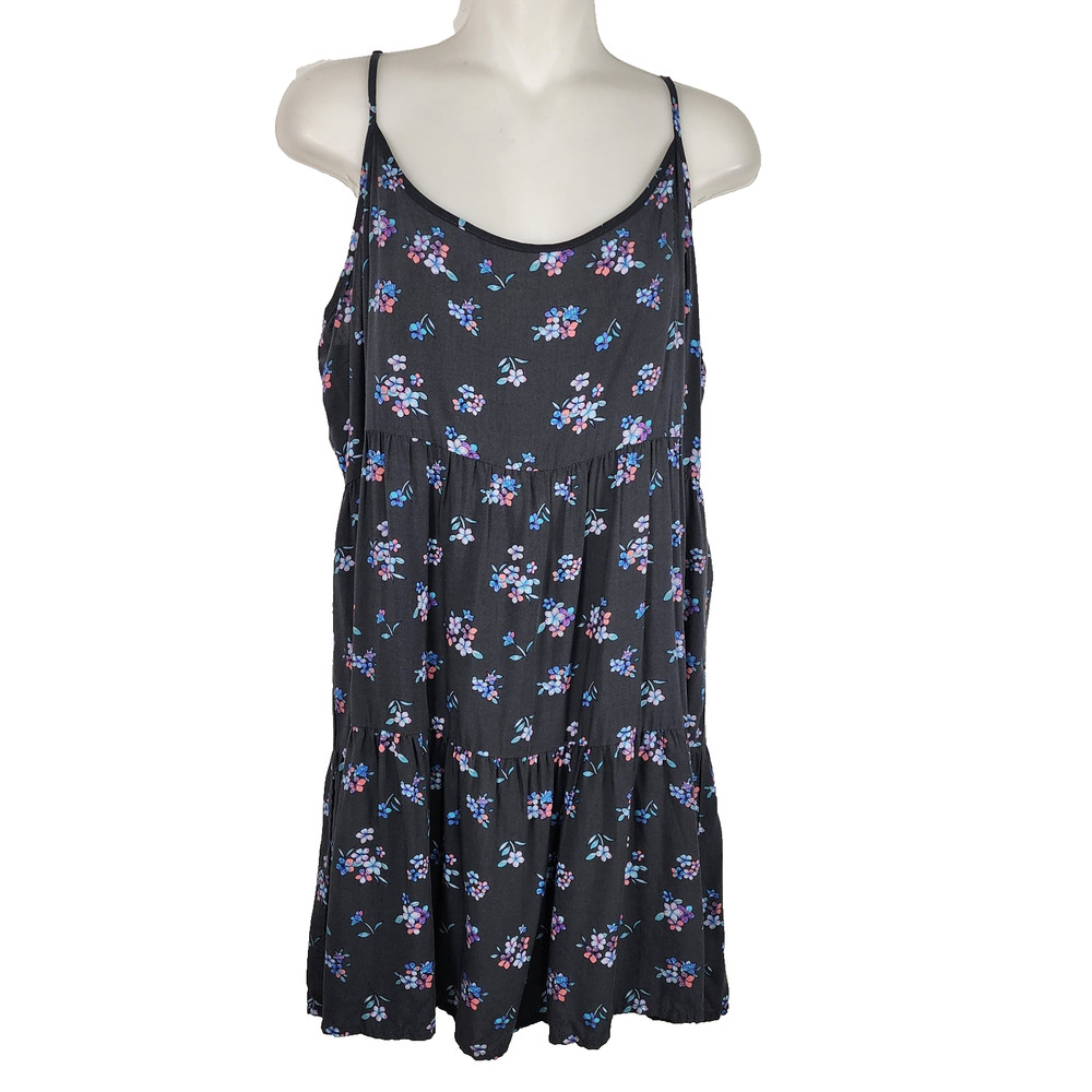 American Eagle Womens Mini Sundress L Black Floral Cutout Smocked Tiered Straps